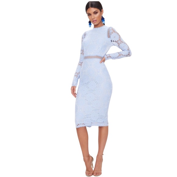 PrettyLittleThing Dresses & Skirts - PrettyLittleThing | Dusty Blue Long Sleeve Lace Bodycon Dress